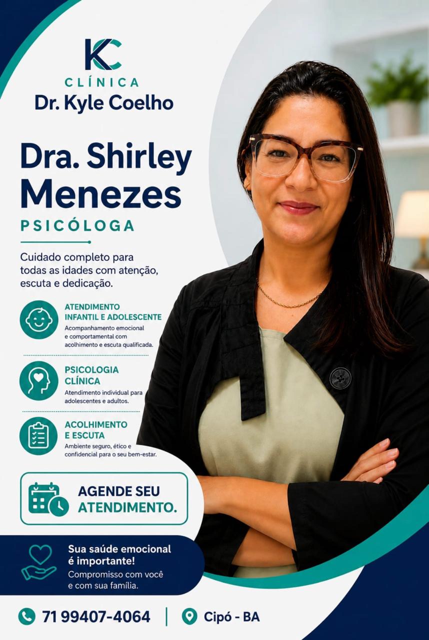 Card informativo da psicóloga Dra. Shirley Menezes, com suas áreas de atendimento.