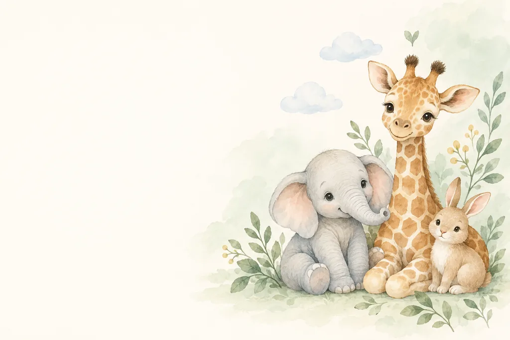 Ilustração em aquarela de uma girafa, um elefantinho e um coelho